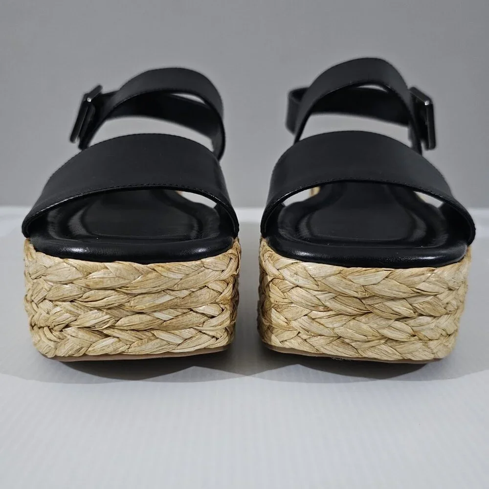 Marc Fisher LTD Patryce Platform Espadrille Sandal Size 9.5 Black Leather Raffia